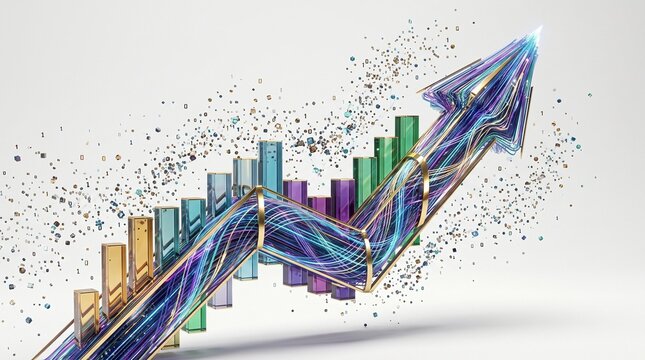 Big data analytics growth concept with 3D fiber optic arrow rising. Digital technology visualization for business intelligence and AI-driven insights.