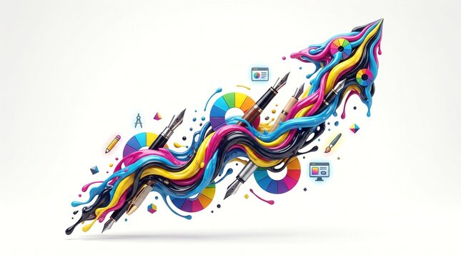 Creative marketing arrow with colorful paint swirls. Abstract design growth concept.