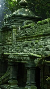 A forgotten temple lies shrouded in green foliage, telling tales of a past era. Moss covers the ancient stone, while sunlight filters through the jungle leaves, casting enchanting shadows.