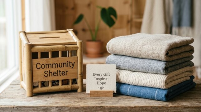 Handmade wooden donation box labeled community shelter sits on a rustic table next to stacked warm blankets and an inspirational card, showcasing charitable giving and support for local people in