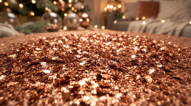 Rose gold copper glitter flakes texture close up with warm festive interior bokeh lights background