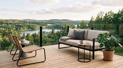 Fototapeta premium Modern Wooden Balcony Deck with Luxury Sofa Set and Scenic Lake View