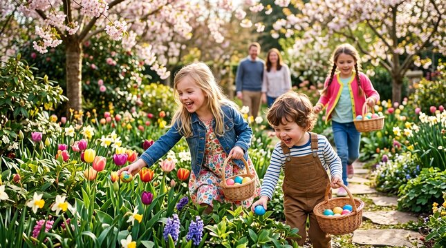 Joyful children on an Easter egg hunt in a blooming garden with parents in the background