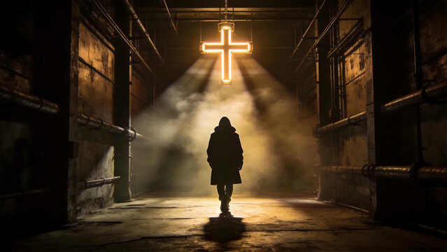 Person walking under glowing cross in dim corridor