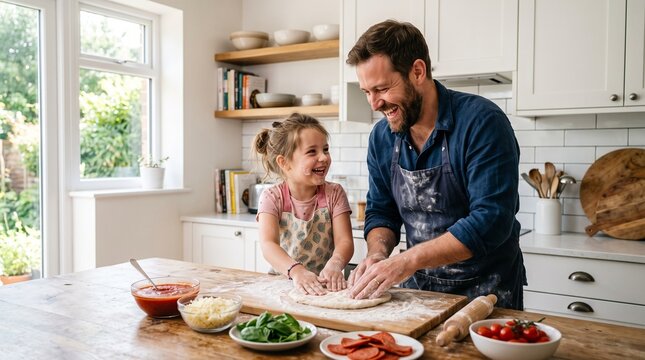 Father and daughter happily making pizza together in a bright kitchen, covered in flour