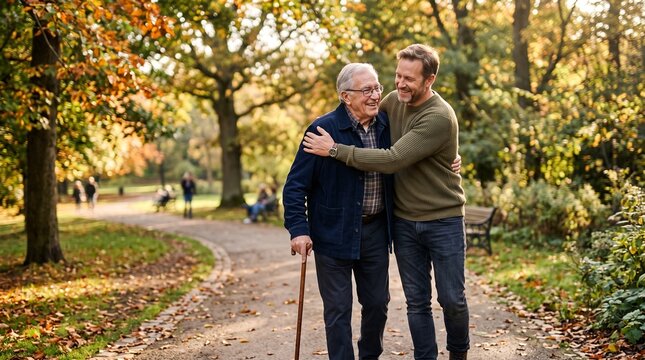 Caring son helps elderly father walk through autumn park with fallen leaves and warm sunlight