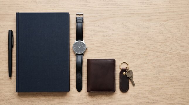 Flat lay of essential daily items including a notebook, pen, watch, wallet, and keys on a wooden desk