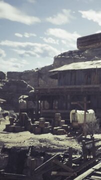 Dusty remnants of a once vibrant settlement stand in the sunlight. Abandoned wooden structures and barrels tell tales of a lively past in this desolate canyon landscape.