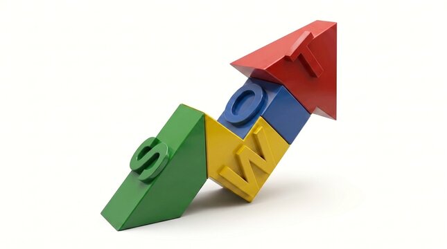 SWOT analysis concept with ascending arrow. Business strategy blocks showing growth trend.