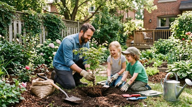 Father and two children planting a tree together in a lush green backyard garden on a sunny day