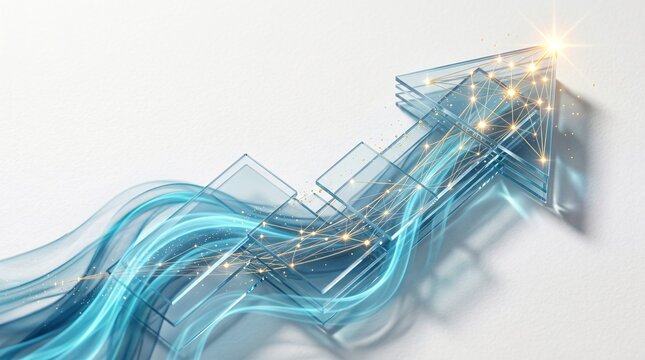 3D digital flow arrow ascending with layered transitions. Stylized motion graphics render for seamless data visualization.