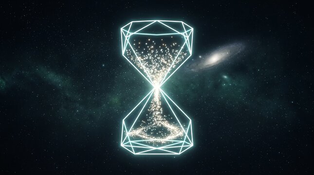 Futuristic digital hourglass with glowing particles. Sci-fi time concept using neon light trails and geometric design.