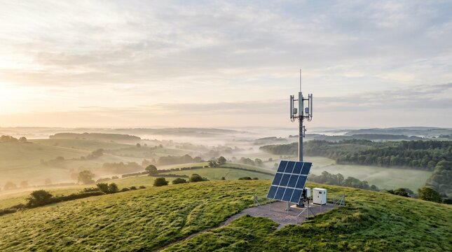 Solar powered internet tower on a hill. Remote telecommunications relay station at sunrise.