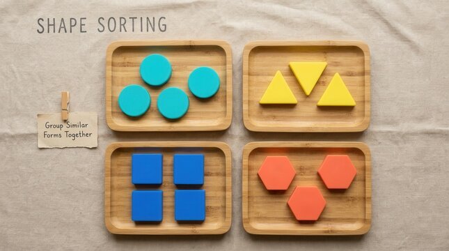 Colorful geometric shapes like circles triangles squares and hexagons organized into wooden trays on a neutral linen surface for early childhood educational activities and cognitive development