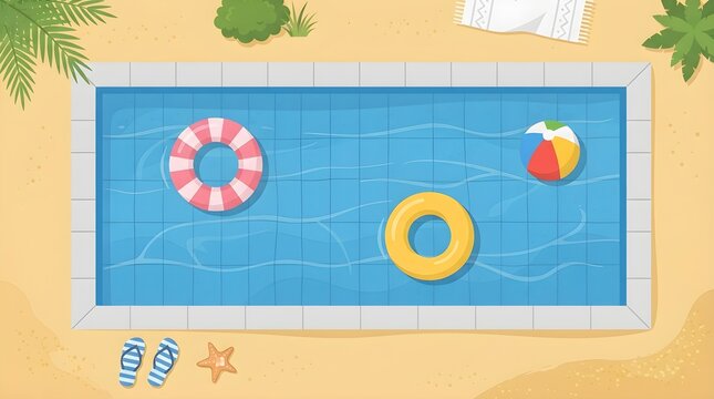 Top View Illustration of a Swimming Pool on a Sandy Beach with Summer Accessories and Floating Rings