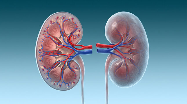 Detailed anatomical diagram showing human kidneys with internal blood vessels and nephron structure