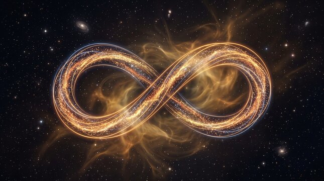Glowing infinity loop in deep space. Abstract stardust symbol of eternal connection.