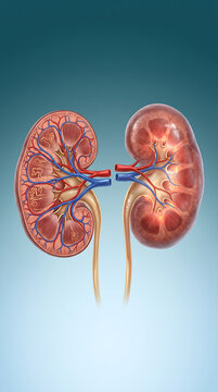 Detailed anatomical diagram of human kidneys showing internal blood vessels and ureters
