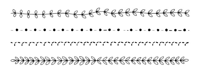 Fototapeta premium 植物の葉とドット模様の手書き区切り線イラスト | Fine Hand Drawn Botanical Leaf Vines and Decorative Dashed Border Lines Vector Set