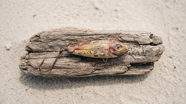 Weathered wooden fishing lure with rustic hook on driftwood. Handcrafted vintage-style bait for freshwater angling and outdoor sports.