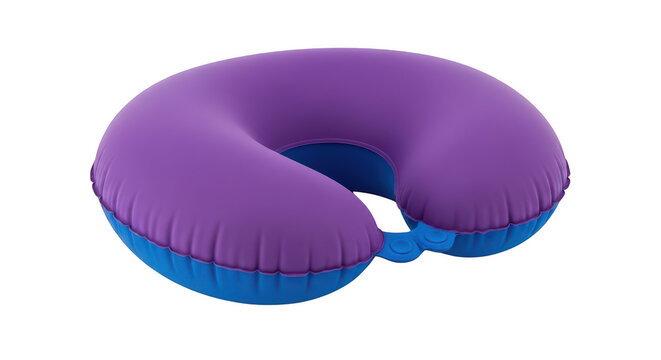 Purple and blue travel neck pillow for comfortable sleep isolated on transparent background
