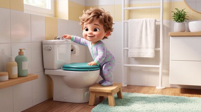 3D illustration of a cute toddler boy in pajamas standing on a step stool flushing the toilet in a bright modern bathroom, concept of child hygiene routine.