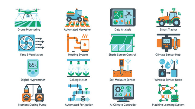 Smart Farming Technology Icon Set Featuring Agricultural Automation and Monitoring Tools