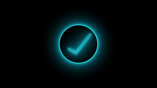 Animation of check mark icon background. Neon Tick mark icon seamless loop.Glowing neon line Tick mark or confirm icon animation.Minimal neon Check Mark icon on black background. 
