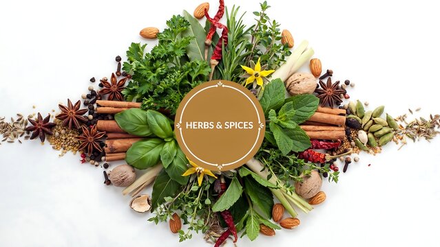 Fresh culinary herbs and spices flat lay arrangement with seasoning ingredients culinary aromatic cinnamon
