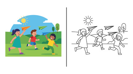 Fototapeta premium Children Launching Paper Airplanes Outdoors, Fun Summer Activity, Diverse Kids Playing