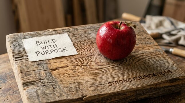 Vibrant red apple sits on a weathered wooden block featuring the inspirational text build with purpose and strong foundations, showcasing craftsmanship and health and conceptual business growth ideas.