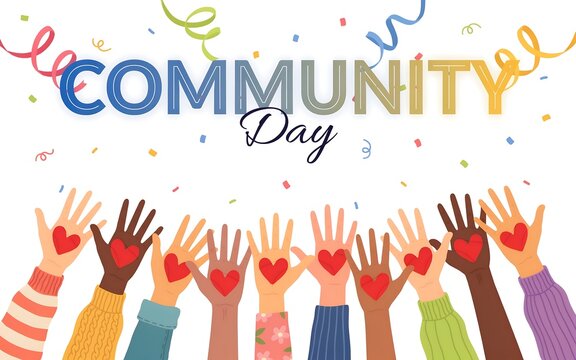 Community day concept illustration with raised human hands and heart symbols community togetherness diversity