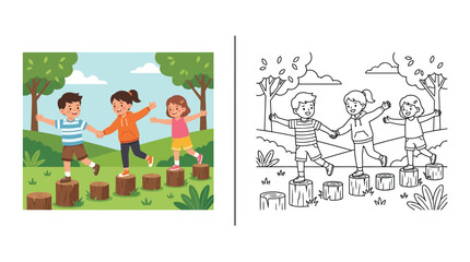 Children balancing on logs in a park, illustration