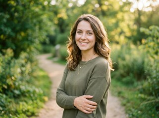 Smiling Young Woman Enjoying a Nature Walk Outdoors Amidst Lush Greenery Serene Moment