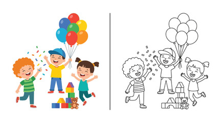 Fototapeta premium Joyful kids celebrating with balloons and confetti, isolated