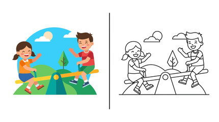Happy children playing on a seesaw in a park, vector illustration