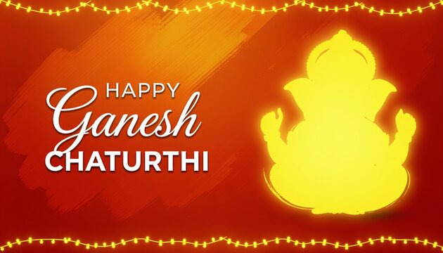 Happy Ganesh Chaturthi. Indian Festival of lord Ganapati Banner, Logo design, Sticker, Concept, Greeting Card, Template, Icon, Poster, Unit, Label, Web, Mnemonic on Orange paint brush stoke ... See Mo