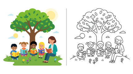 Children's Story Time Under Tree: Teacher Reads to Diverse Kids, Coloring Page