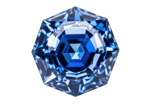 Brilliant cut blue diamond gemstone with sharp facets reflecting light in geometric pattern on transparent grey background precious.