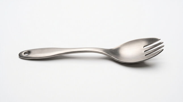 A single metallic spork resting on a clean white background surface.