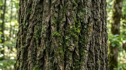 Fototapeta premium Close up of rough textured bark on a large tree trunk in a forest.