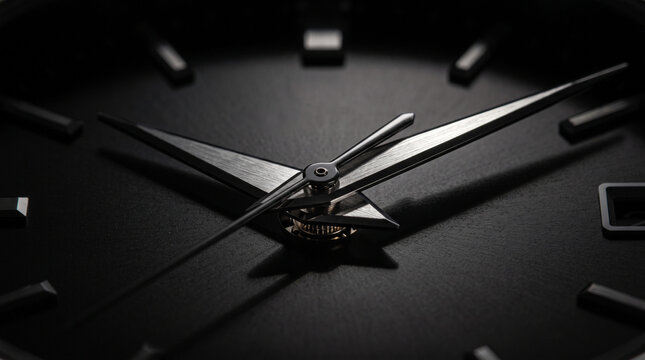 Close up of a luxury black watch dial with metallic hands and hour markers.