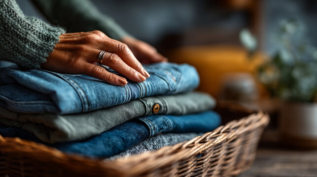 Woman hands organizing a stack of folded blue denim jeans in a rustic wicker basket