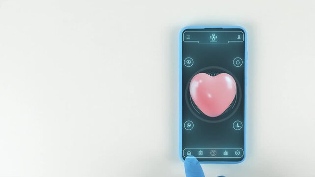Mobile telemedicine application for general health monitoring and personal wellness management. Modern digital medicine concept. Hand with light blue glove on a white background.