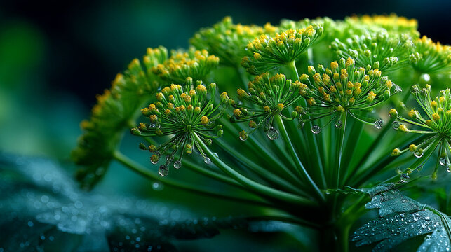 Close-up of green dill flowers with morning dew droplets in a garden, botanical