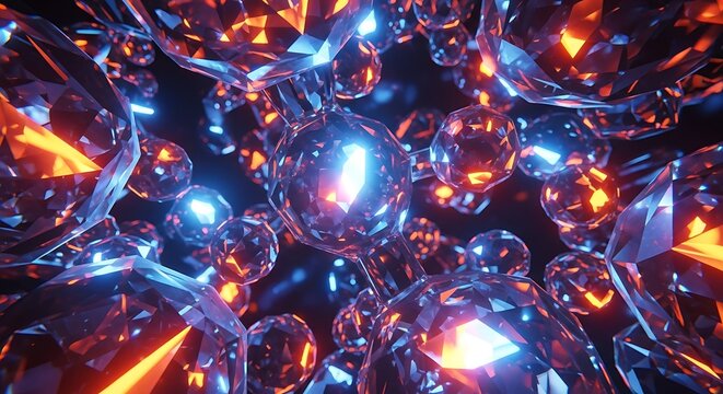 Abstract spheres float in a dark space with glowing internal light.