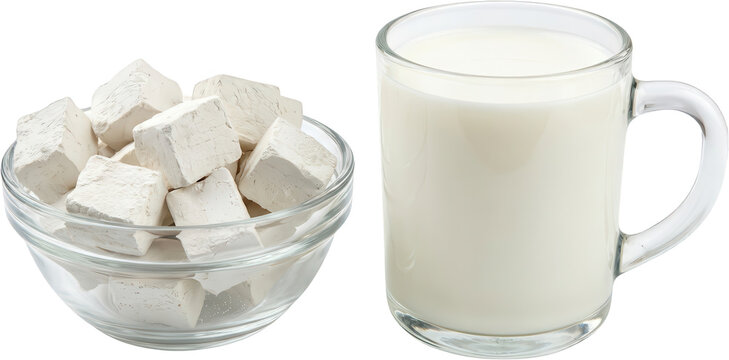 Poria cocos pieces in a glass bowl alongside a clear glass mug filled with white liquid medicine decoction or health drink prepared from traditional Chinese herbal medicine ingredients