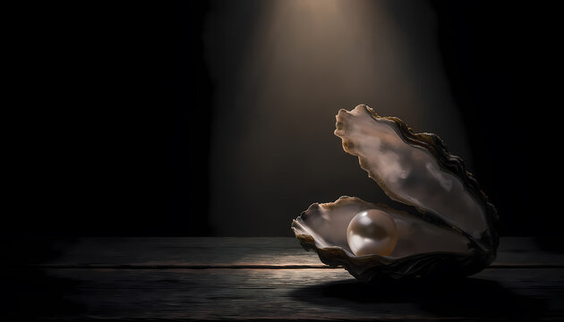 Shiny white pearl in an open oyster shell on dark background with soft light glow. Jewelry, beauty, ocean, luxury themes.