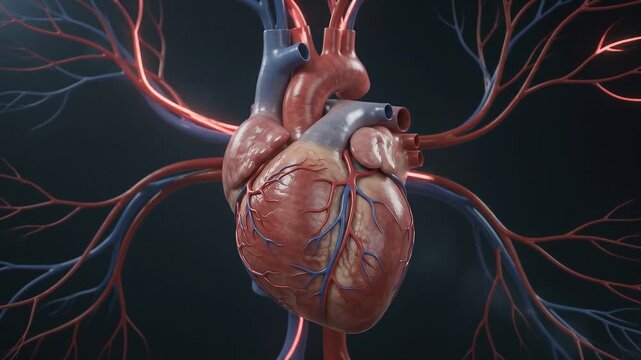 A realistic 3D rendering of a human heart, complete with arteries and veins, showcases the intricate circulatory system in a dark, dramatic setting.