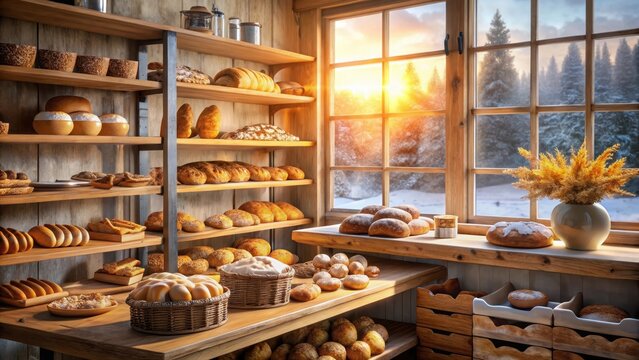Soft morning light dancing through frosty windows illuminates assorted bakery goods on rustic wooden shelves